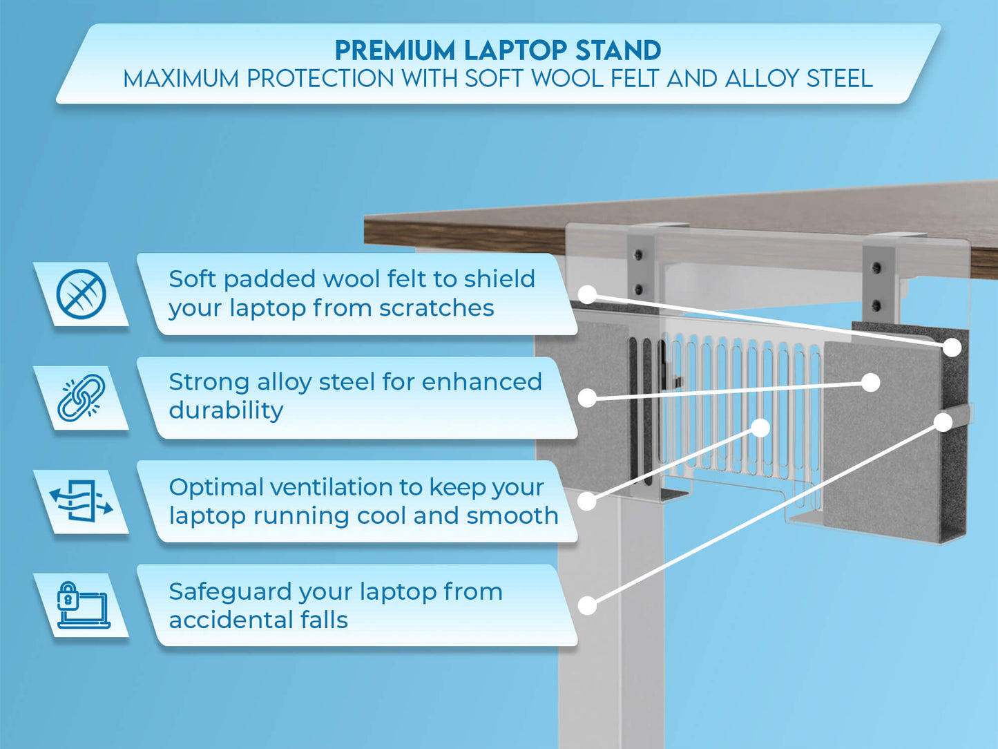 Side-Mount Perforated Steel Laptop Desk Stand holder - Fits Dell/Acer/ASUS/XPS/MacBook/Surface/Lenovo/HP/Gaming Laptops