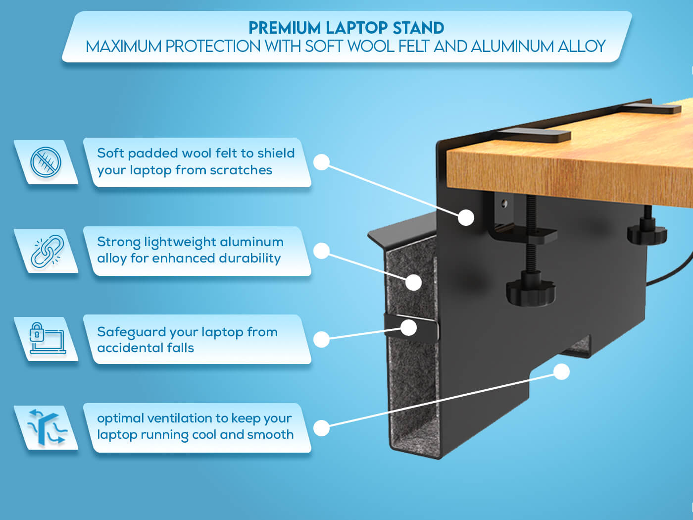 Side-Mount Laptop Desk Stand fits: Dell / Acer / ASUS /MacBook/Surface/Lenovo/ HP / Gaming Laptops